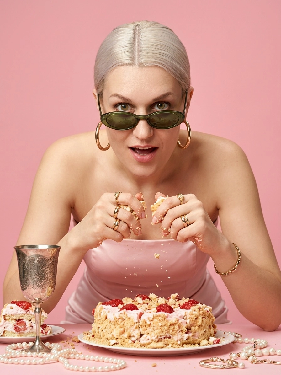 Девушка в розовом атласном платье с десертом в стиле fashion editorial